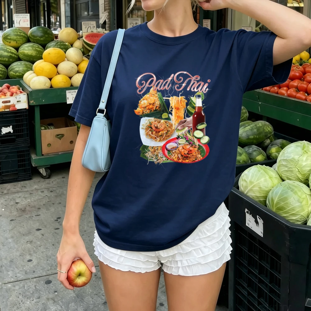 Camiseta de algodón para mujer con estampado de plato tradicional tailandés Pad Thai con camarones y salsa de limón, arte culinario exótico, ropa casual.