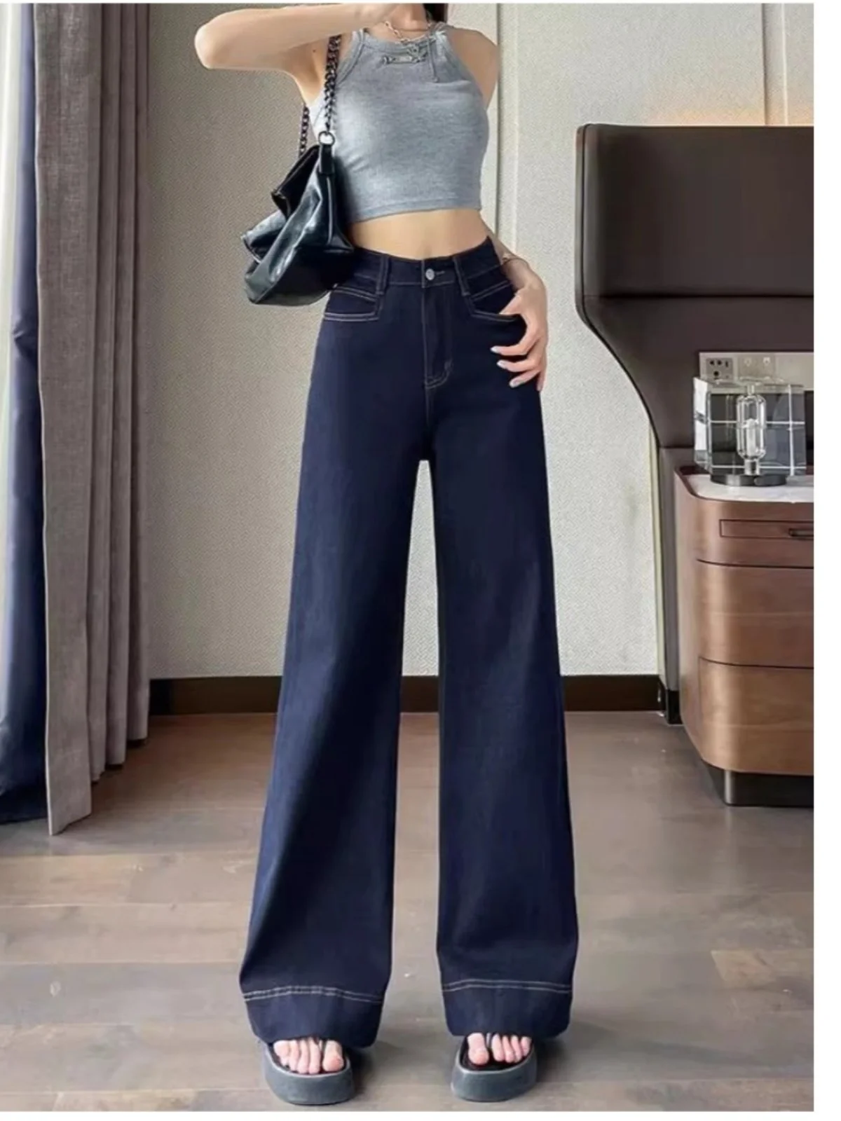 Tiefblaue Vintage-Jeans mit geradem Bein und weitem Schnitt, hoher Taille, lange Hose für Damen, Frühling/Herbst, neu, lässig...