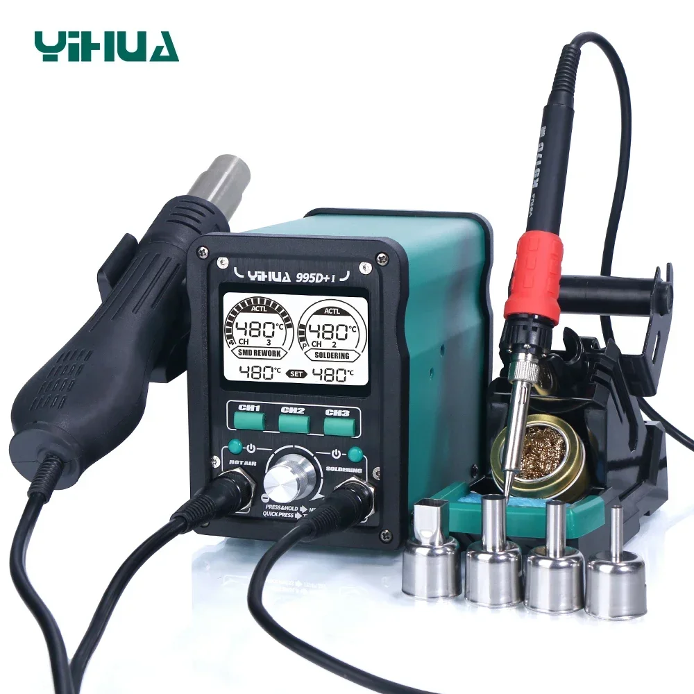 

YIHUA 995D+I LED Digital Soldering Station 810W Hot Air Gun Rework Station 110W Electric Soldering Iron For Phone PCB IC SMD BGA