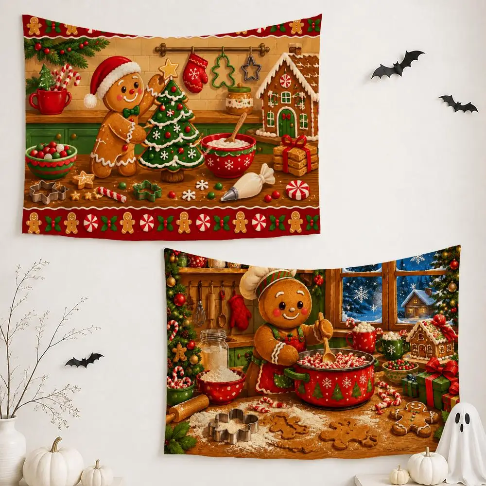 Gingerbread Baking Time Tapestry Custom Living Bedroom Party Dormitory Interior Wall Bohemian Decoration Attached Clip