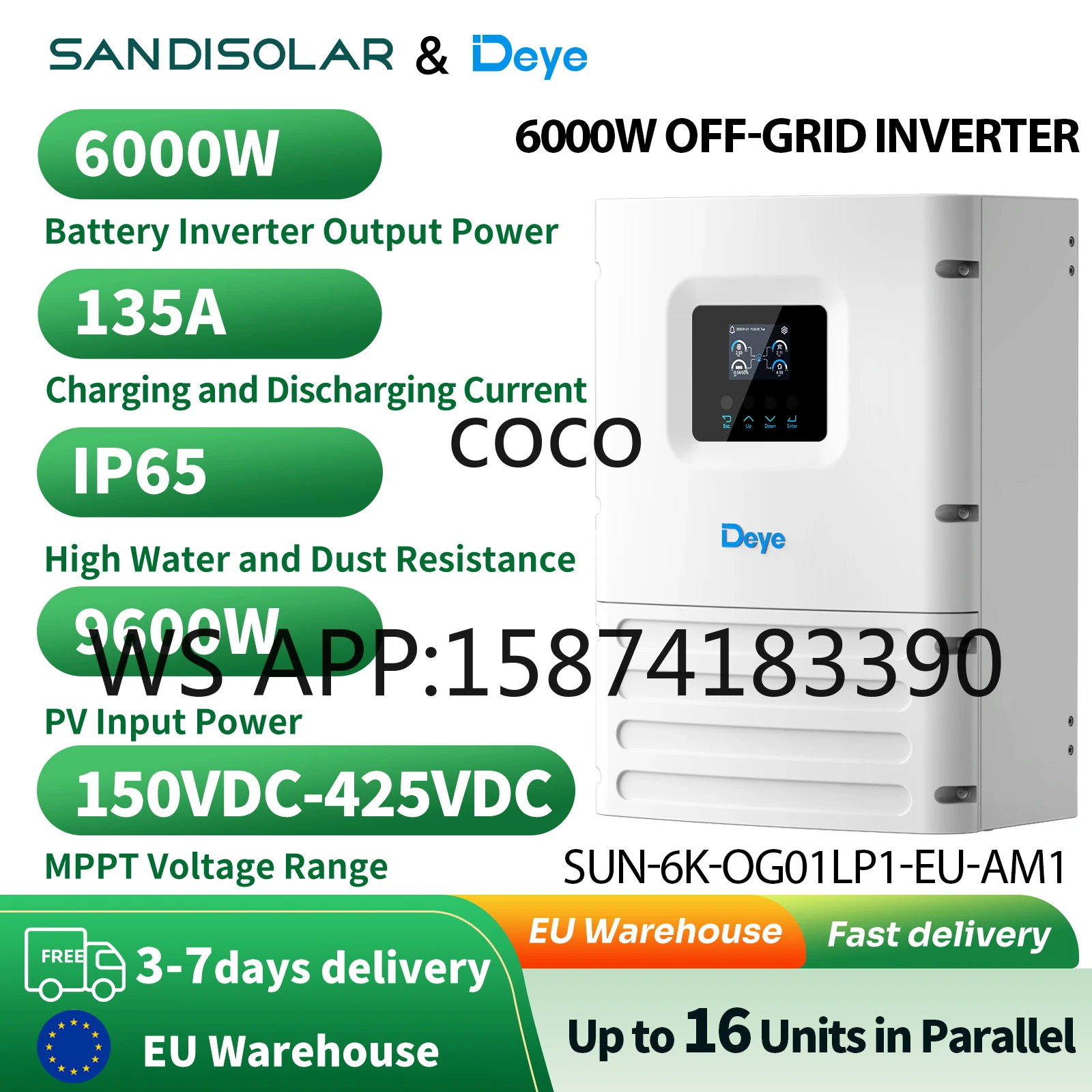 Inversor Solar Híbrido SANDISOLAR 6KW 48V 110V/120VAC, 6 Unidades en Paralelo MPPT 120A