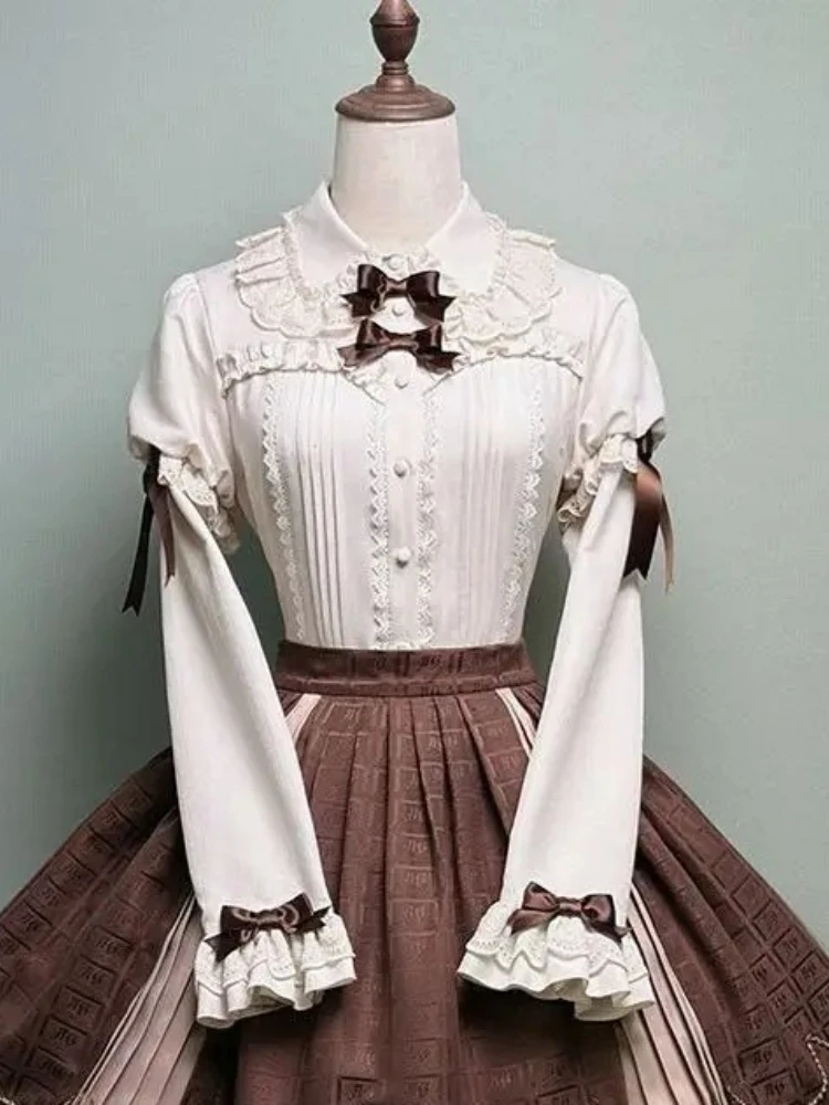 Japanese Vintage Sweet Blouse Women Slim Fit Bow Puff Long Sleeve Shirt Cute Lolita Style Elegant Fashion Popular Casual Top