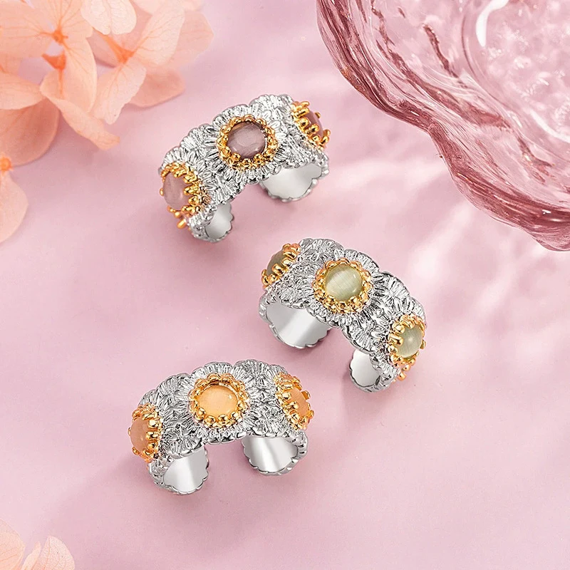 Retro Brushed Flower Daisy Cat Eye Crystal Ring with Female Two Tone Premium Feeling Light Luxury Index Finger Rings KOFSAC