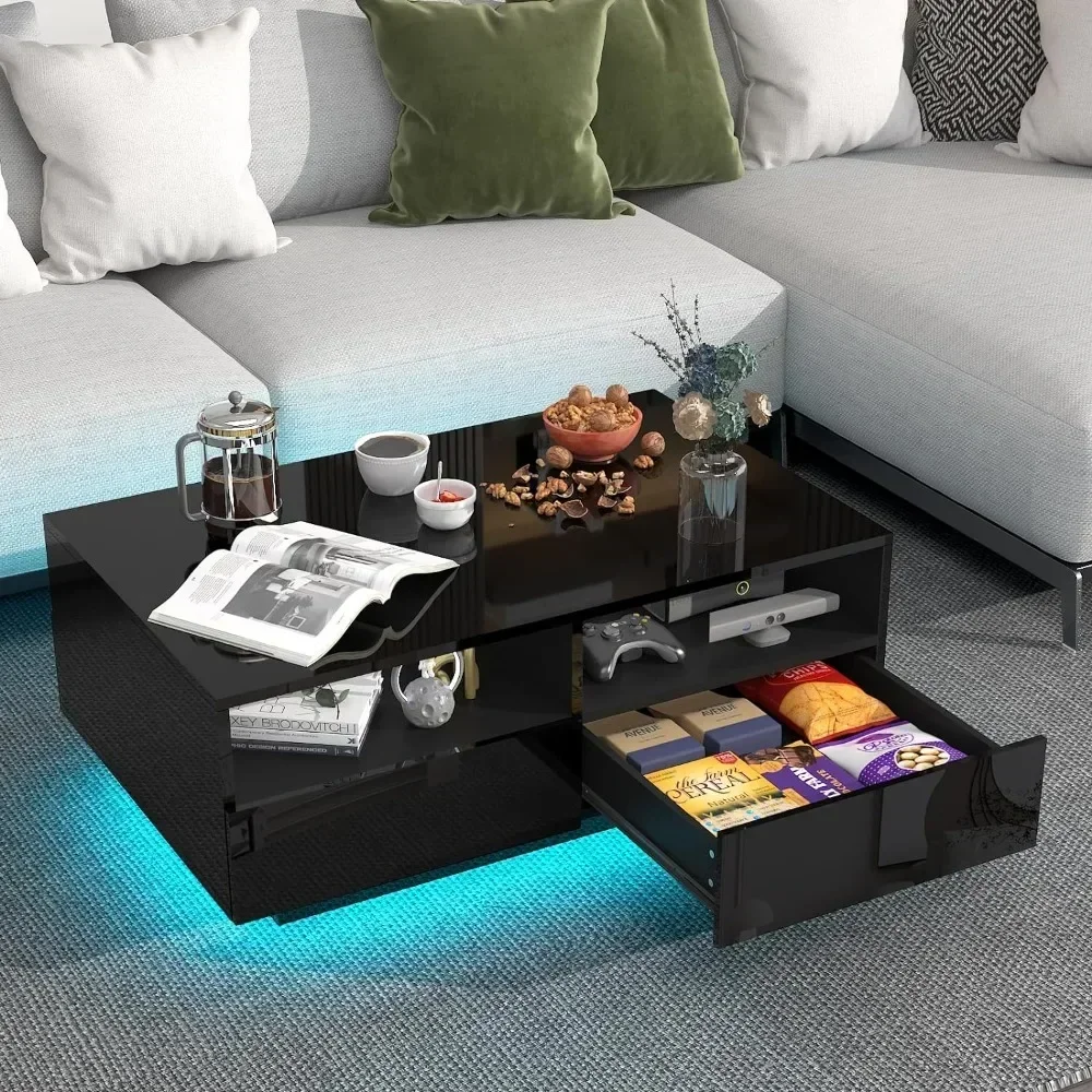 Coffee Table with 4 Storage Sliding Drawers, High Glossy Modern Center Table with 20 Colors LED Lights for Living Room Bedroom