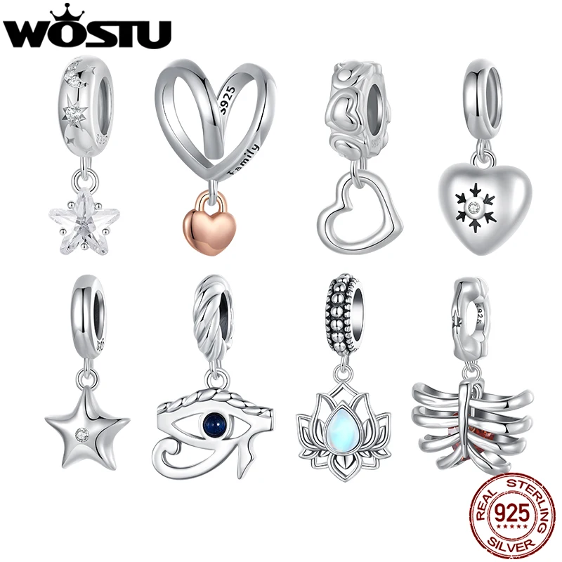 WOSTU 925 Sterling Silver Love Heart Charms Lotus Star Pendant Rib Beads Fit Bracelet Necklace Girl DIY Valentine Birthday Gift