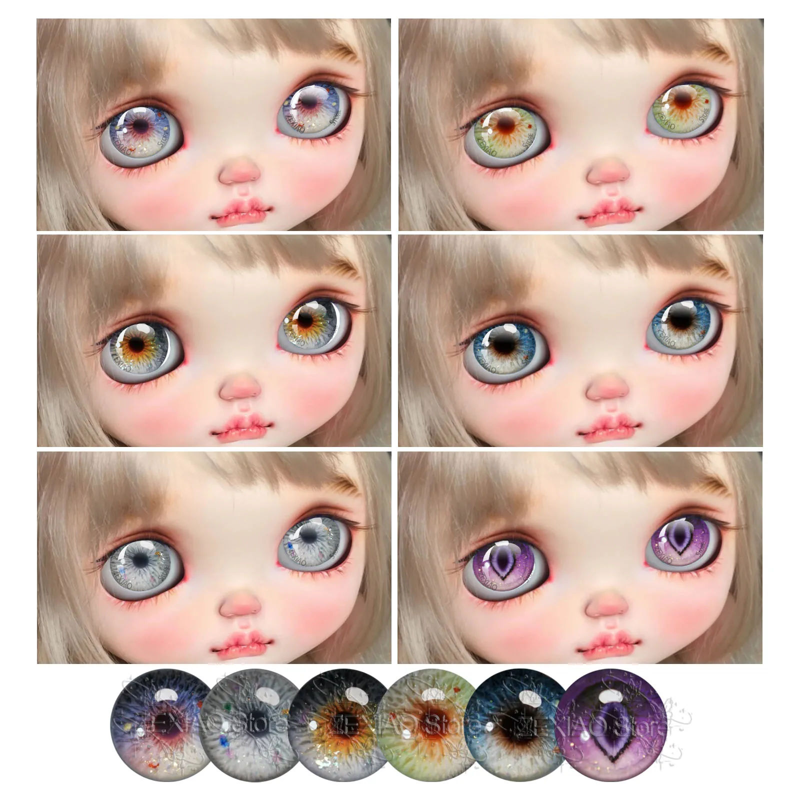 12Pcs Printed Fantasy Gradient Doll Eye Chips Cabochon Pattern Eyes Blythe BJD Doll DIY Making Accessorie 10‑40mm MS007
