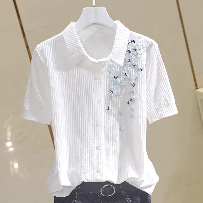 Women's Flower Embroidery Slim Shirts, 100% Cotton, Turn-Down Collar, All Match, Female Outwear, Office Lady, Summer, New, 2022