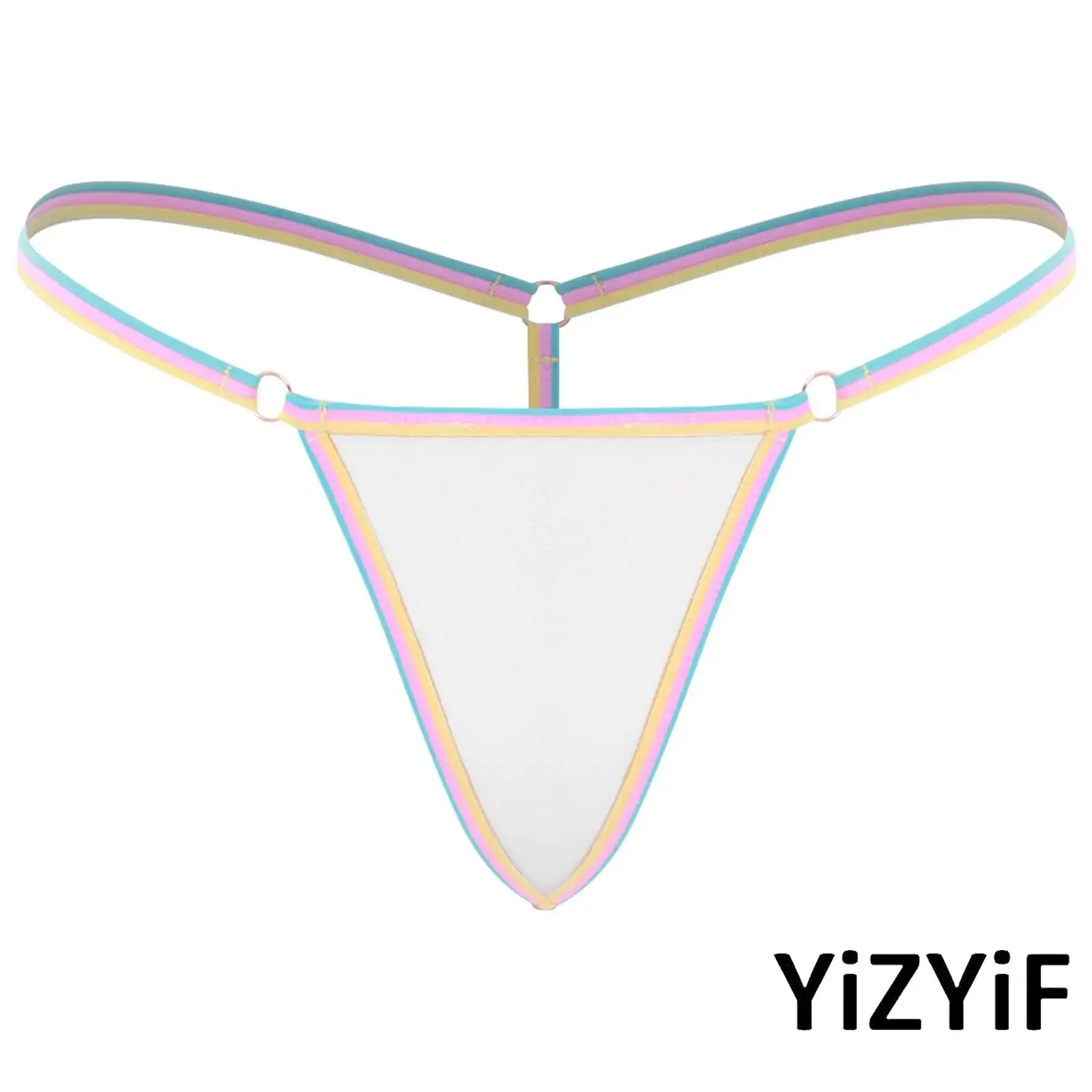 

Erotic Womens Mini Brief See Through T-back Thong Spaghetti Elastic Waistband Rainbow Sugar Color Mesh G-string Underwear Bikini