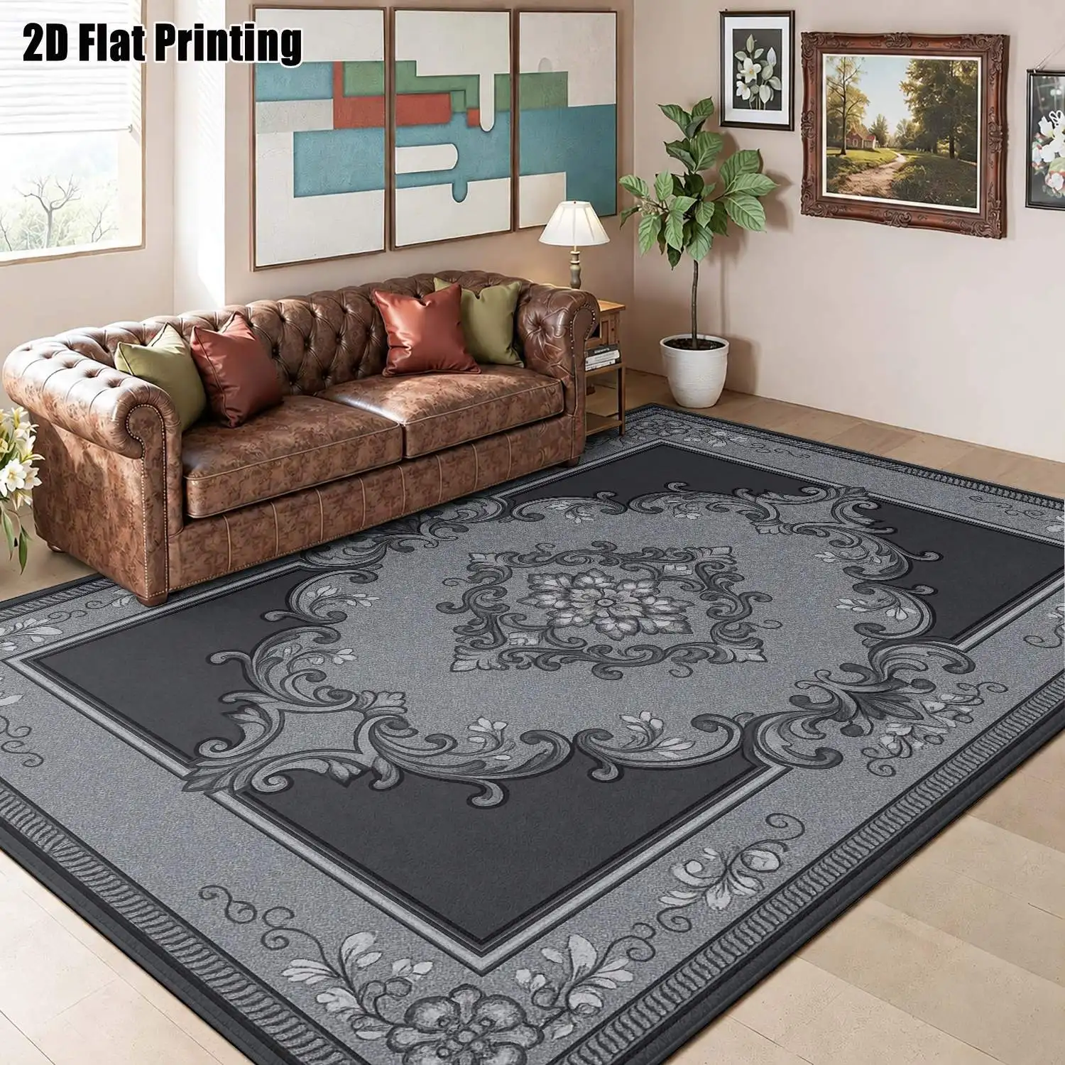 1Pc 2D Printed Retro Floral Grey-Black Carpet: European, Minimalist, Instagram Style, Multi-Size Machine Washable Rug for Entrance, Dining, Living, Bedroom, Home Decor