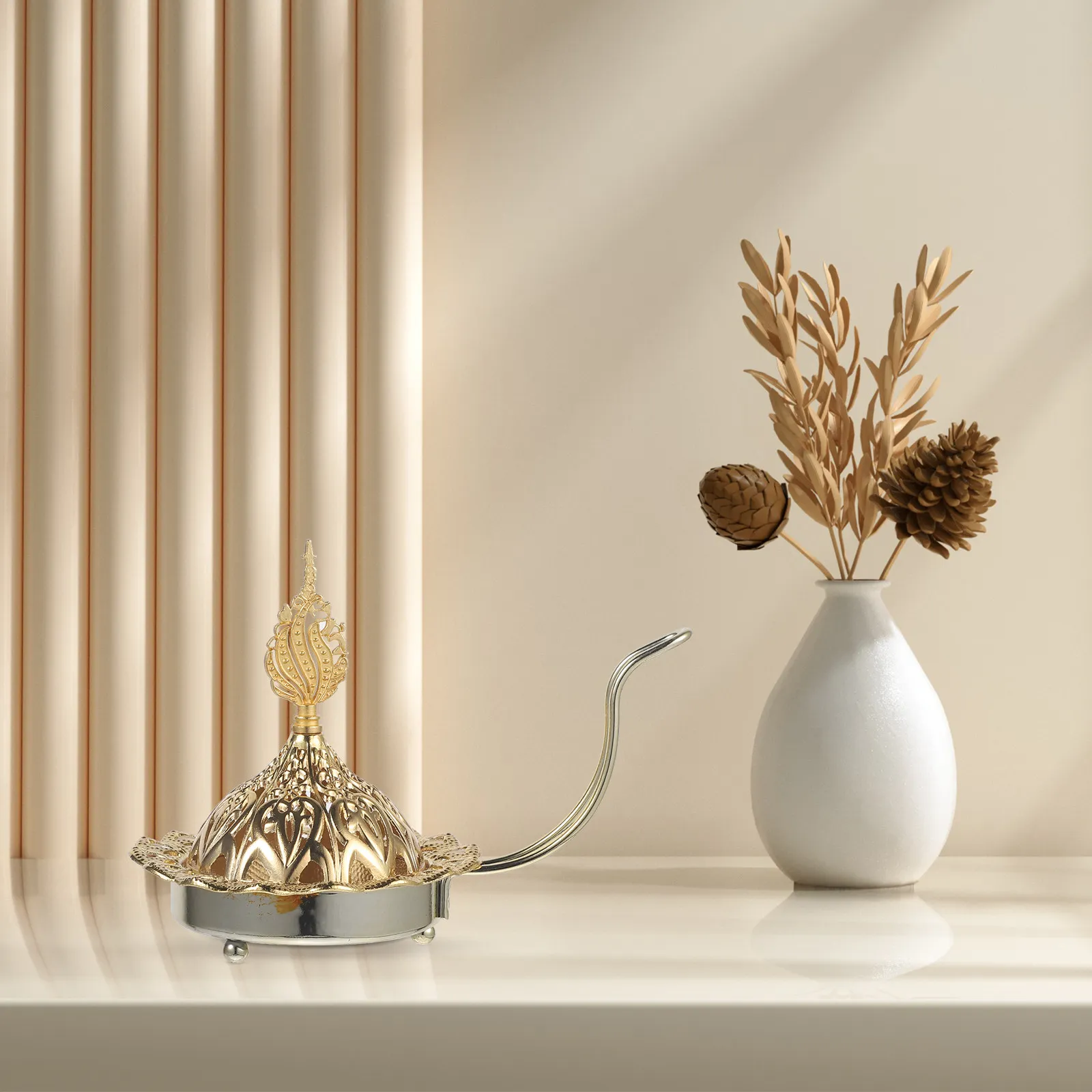 Arabic Style Incense Burner Holder – Golden Tabletop Candlestick for Home Decor, Wedding & Desktop