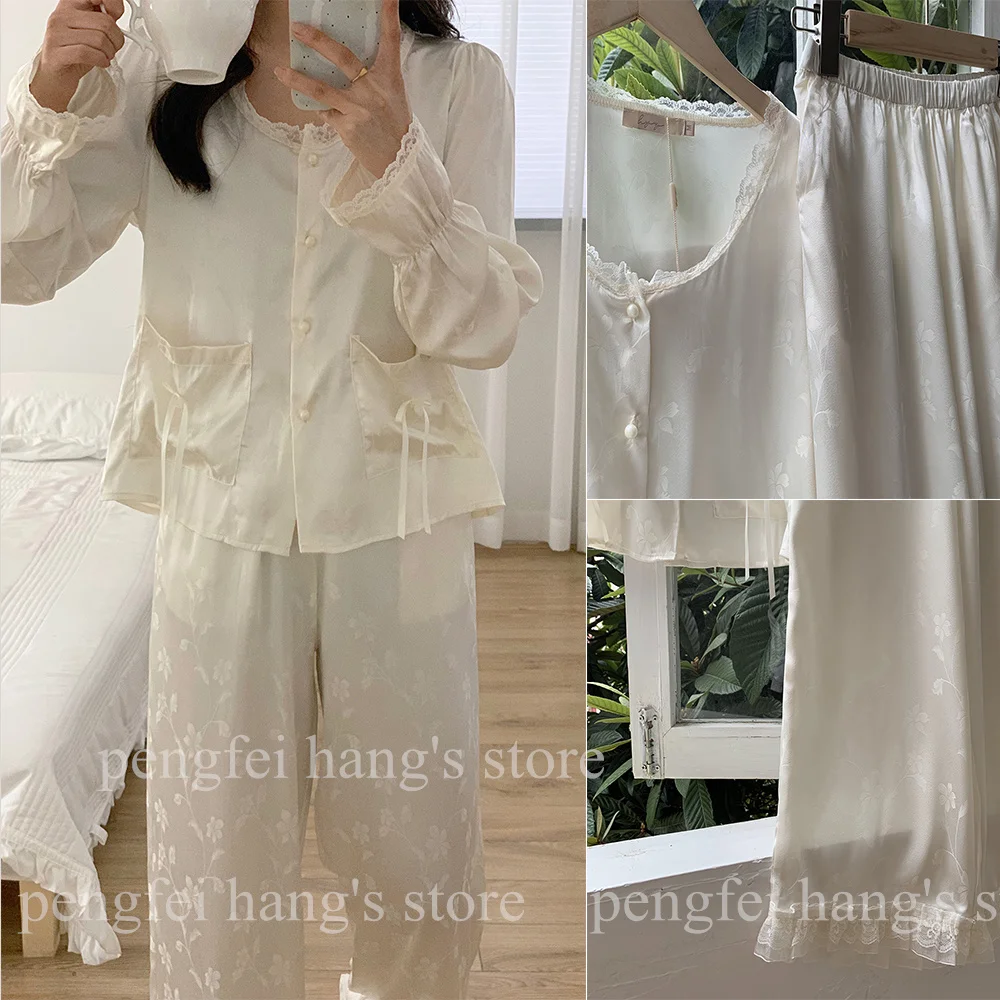 Autumn New Women Pajamas Set Chinese Style Jacquard Top&pants 3Pcs Lace Trim Home Clothes Luxury Ice Silk Loungewear Sleepwear