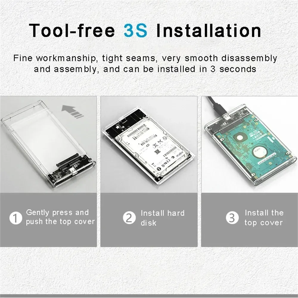 Custodia per HDD SSD trasparente da 2,5 pollici Custodia per HDD USB 3.0 Custodia per disco rigido esterno da USB a SATA per scatola per disco rigido SSD per laptop