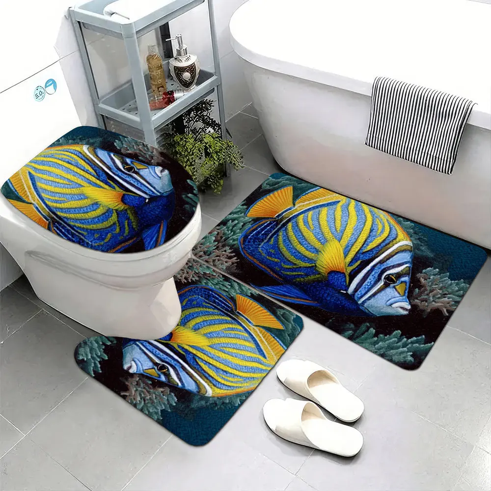 

3pcs Super Soft Bathroom Floor Mats Set, Non-slip Backing, A Blue And Yellow Striped Fish with White Stripes On Its Head Sw Prin