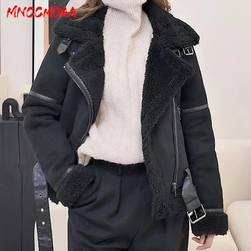 MNCCMOAA 2024 High Quality Winter Women Fashion Thick Warm Lambwool Jacket Coat Female Solid Color Casual Zipper Outwear Ladies