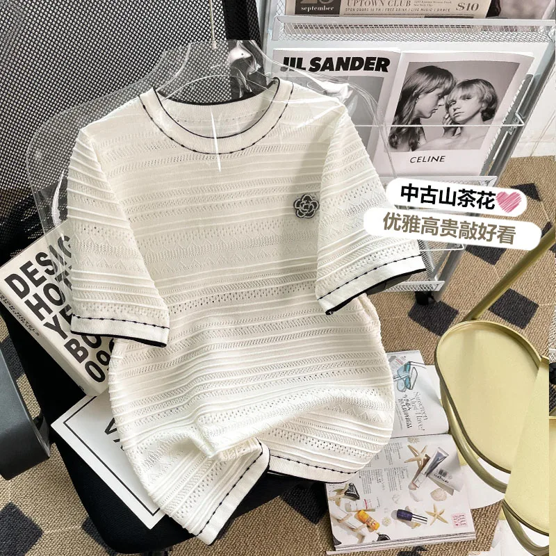 Summer Oversized women sweater pullover 2024 short sleeve o neck hollow out flower knit T-shirt jumper casual loose sweaters