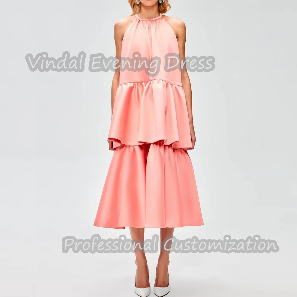 

Vindal Prom Party Dress O-Neck Tea Length luxurious Vintage Sexy Satin Ruffle A-Line Elegant Sleeveless Saudi Arabia For 2024