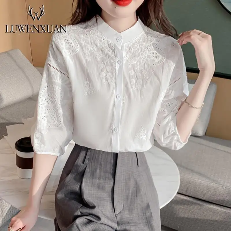 Elbow Sleeve Stand Collar Temperament Office Lady Fashion Casual Thin Spring Summer Solid Blouses Women\'s Clothing Hollow Out