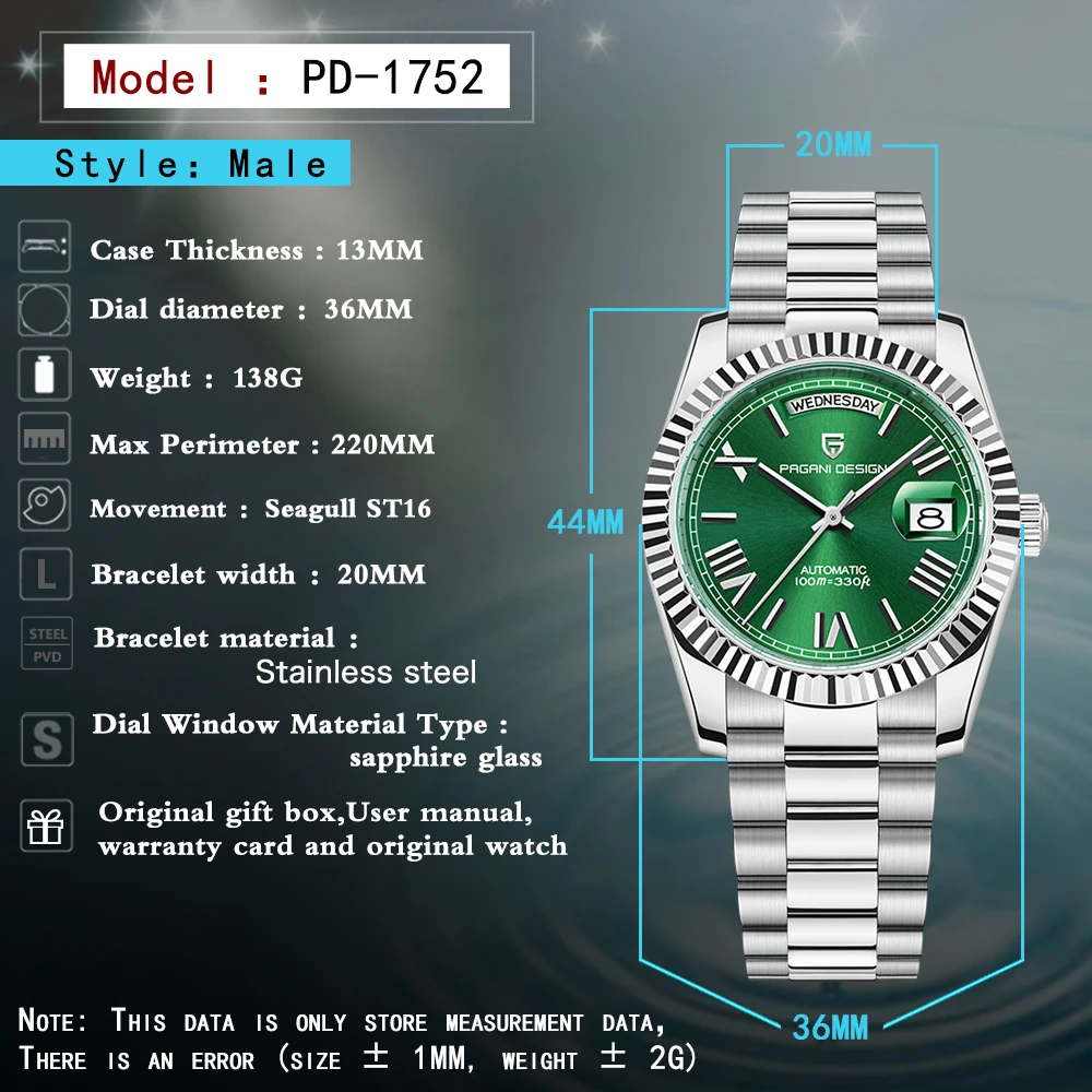 PAGANI DESIGN Orologio automatico da uomo Orologio meccanico di lusso da uomo Orologio da polso impermeabile in acciaio inossidabile Specchio con zaffiro AR