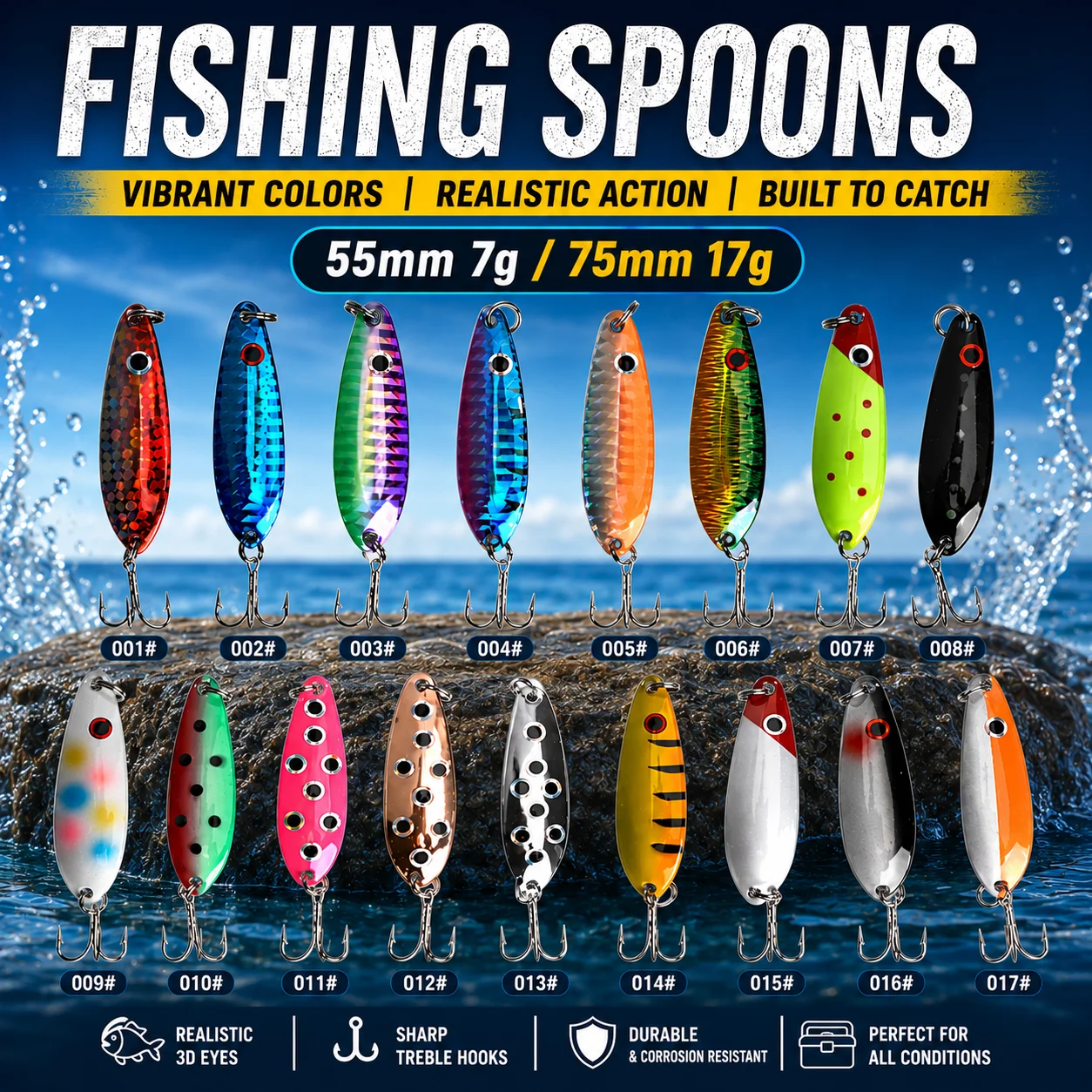 FISHINGFANS 55mm 75mm Metallköder Fischlöffelköder Metall-Hard-Spoon-Wobbler Jigging Bleiköder mit Haken