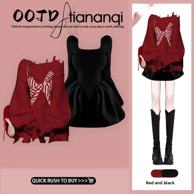 

Комплект женской одежды Cisas Aosphere Red Tea для осени и зимы: свитер с открытыми плечами и длинными рукавами, комплект из двух предметов