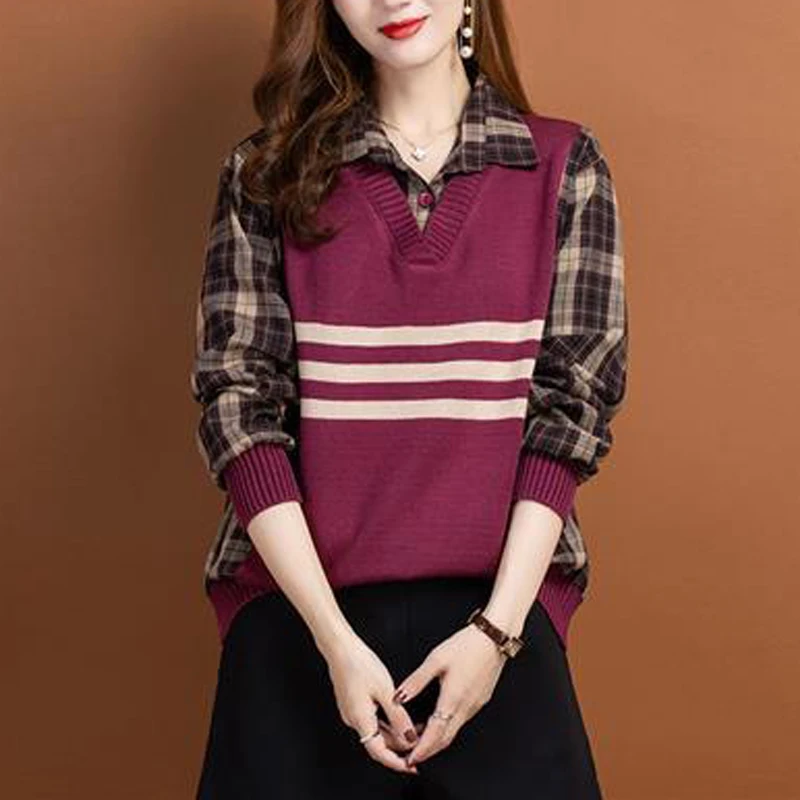 Autumn Korean Fashion Vintage Plaid Print Striped Patchwork Knitwear Women Casual Long Sleeve Loose Blouse Pullover Top Clothing