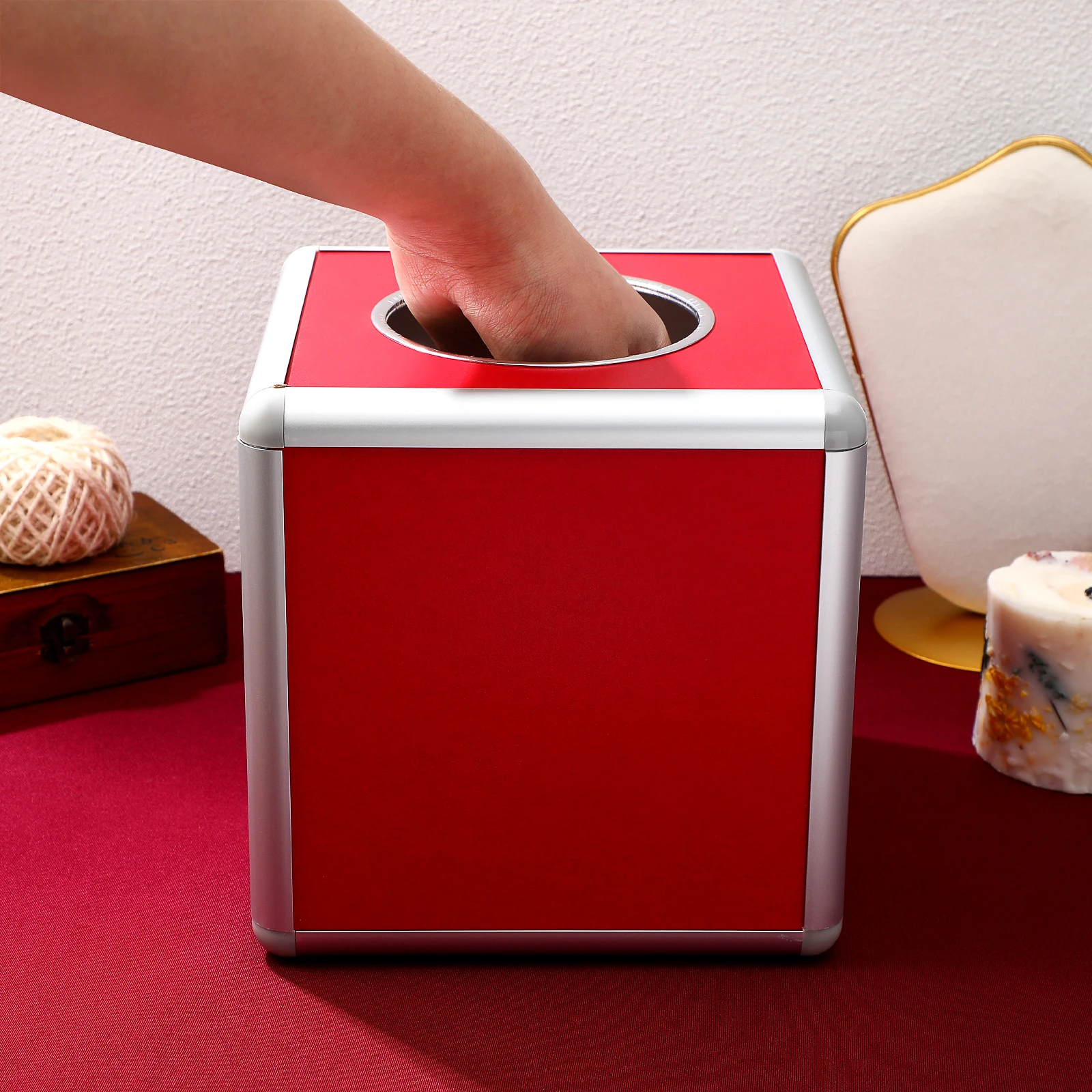 

Raffle Box Lottery Tickets Container Red Aluminum Alloy Large Capacity Ballot Box for Raffles Events Games Storage