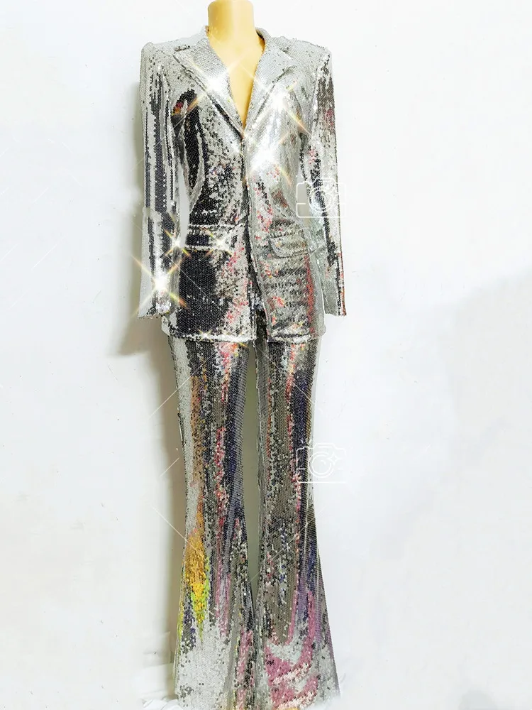 Stylish Design Women Solid Casual Suit Singer Host Tour Concert Set Banquet Silver Shiny Sequins Blazers Pants 2 Pieces Outfit