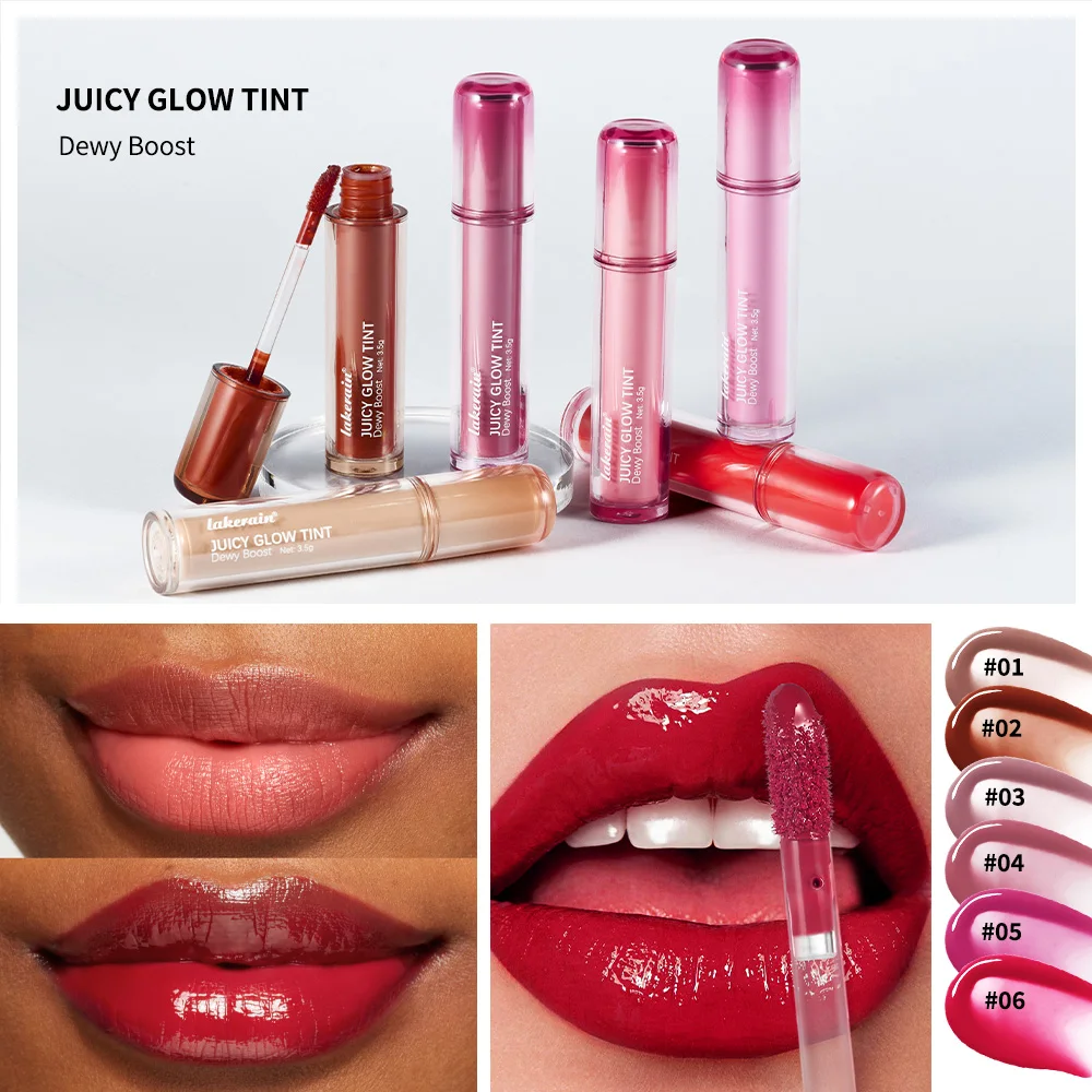 Lakerain 6-kolorowy błyszczyk do ust z efektem lustra, nawilżający, nie wywołujący wysuszenia, o teksturze szklanej, błyszczącej.