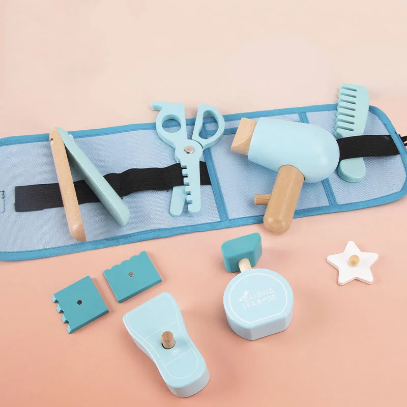 Bambini Giochi di finzione Giocattolo Simulazione in legno Borsa da taglio per capelli Giochi di ruolo Giocattoli educativi Set di marsupi per bambini di 3-6 anni