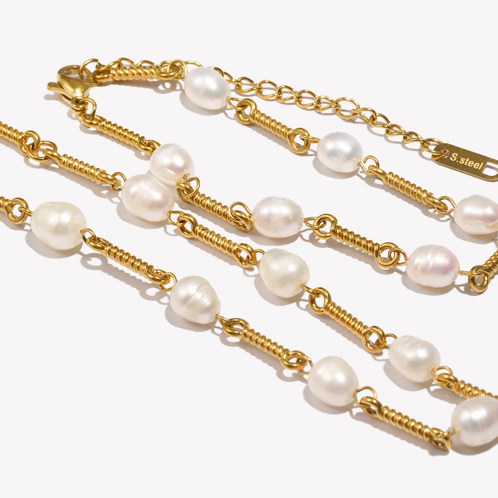 E.B.belle Wire Spring Chain Gold Plated Stainless Steel Chain Mixed with Freshwater Pearl Choker Necklaces Bracelets For Women