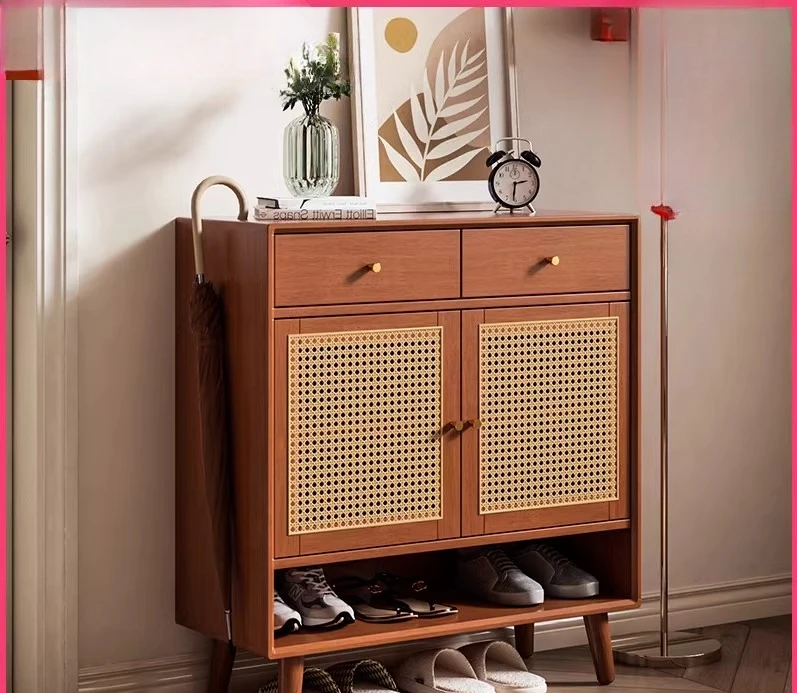 Gold Seller Solid wood rattan shoe cabinet, simple and modern home entrance, large-capacity Japanese storage entranc