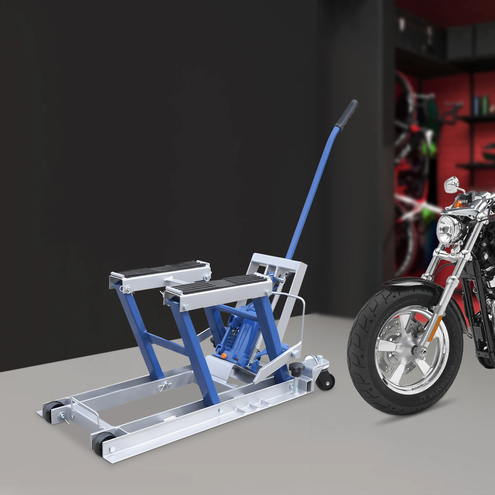 رافعة هيدروليكية للدراجة النارية 680 كجم، رافعة مقصية هيدروليكية أسطوانية حمراء/زرقاء، حامل إصلاح رافعة الدراجة، مصعد خدمة الدراجة النارية