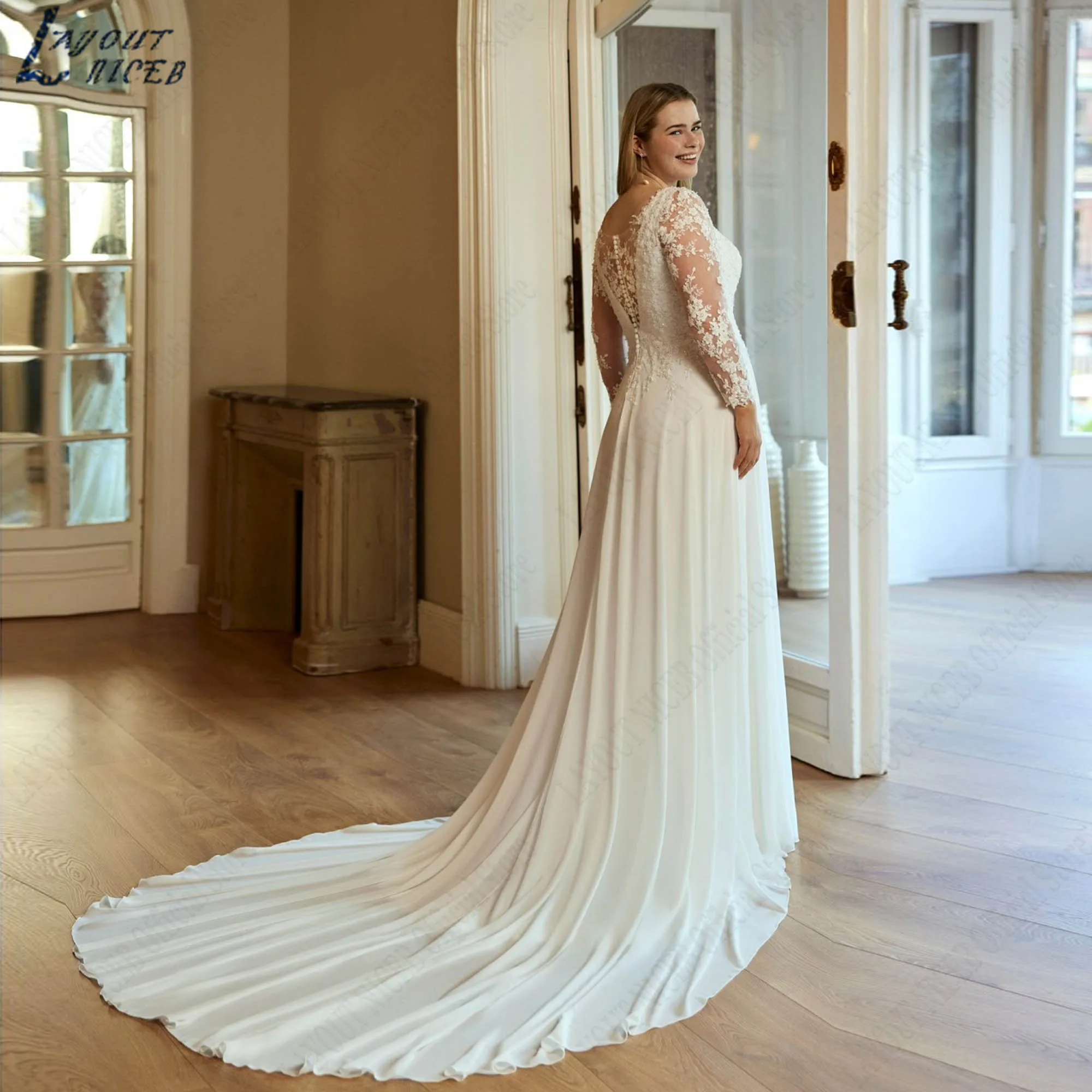 Satin Appliques Wedding Dress in Church Classic Long Sleeves A-line Bridal Gowns Plus Size O-neck vestidos de novia Customized