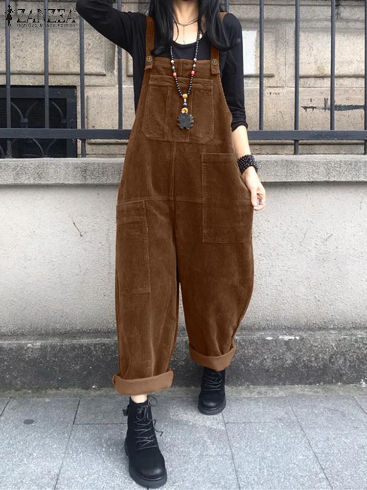 

Autumn Jumpsuits ZANZEA 2024 Vintage Women Corduroy Overalls Casual Loose Dungarees Fashion Spaghetti Strap Solid Rompers