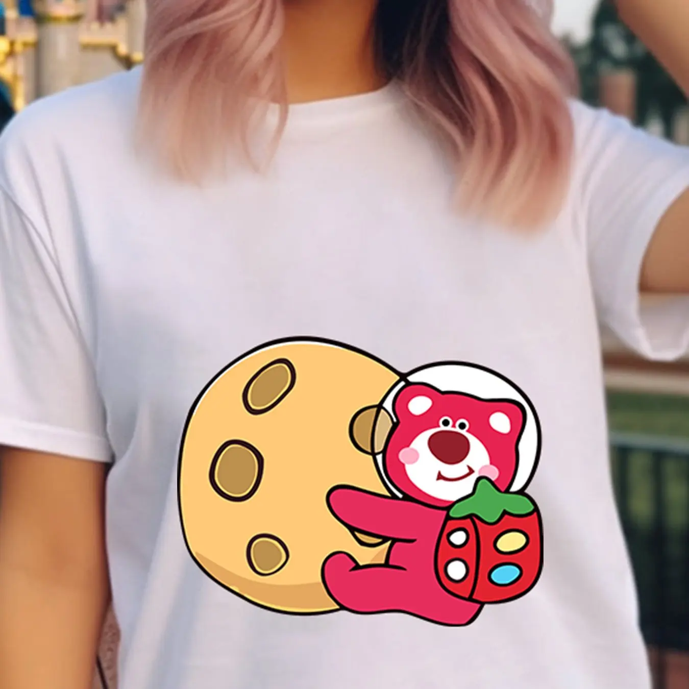 

Disney Toy Story LOTSO Strawberry Bear Pattern Women's T-shirt - Cute Casual Short Sleeve Round Neck Breathable