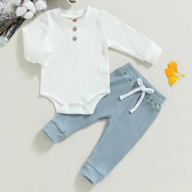 Newborn Baby Boy Pant Sets 2 Piece Autumn Clothes Solid Color Ribbed Button Long Sleeve Bodysuit and Elastic Pant Baby Items