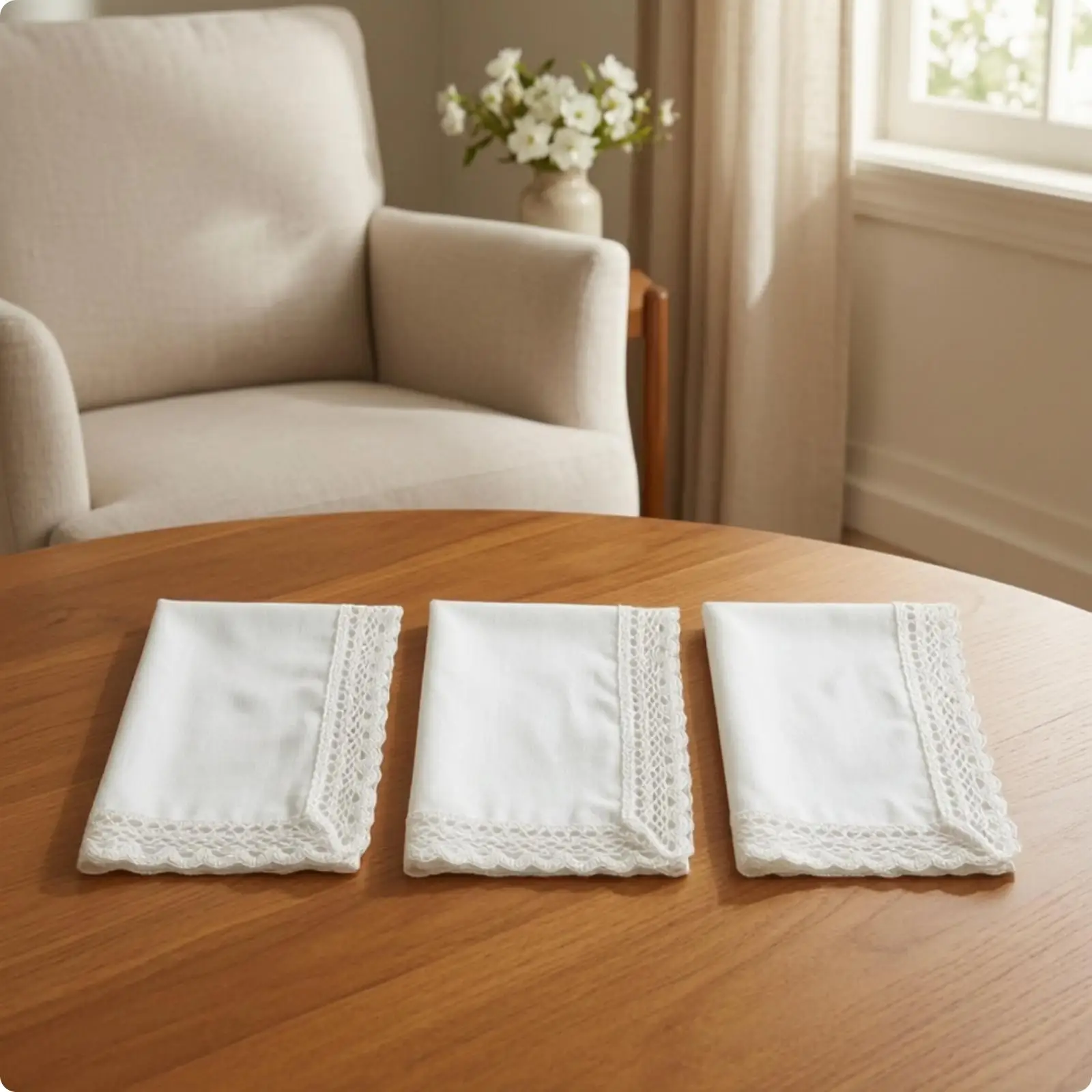 3 Pieces Handkerchief with Cotton Lace Trim Elegant Hankies Breathable