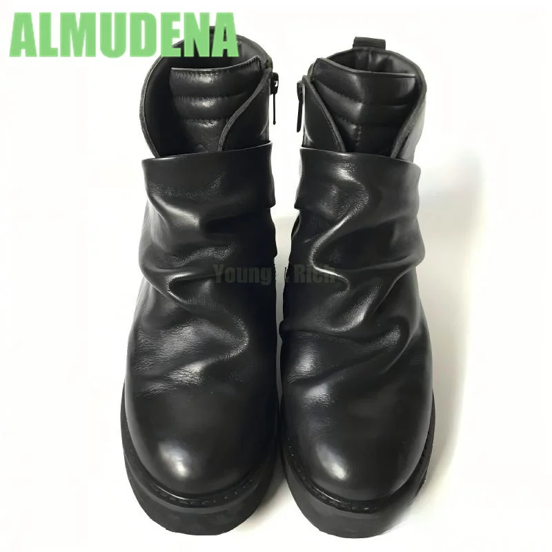 Wrinkled Casual High Top Leather Shoes Men's  Women's Thick Soled Chelsea Boots,Simple Side Zipper Height Increasing Short Boots