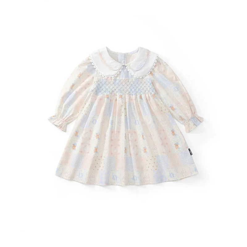 

Girls' Ruffled Dress2025Spring and Autumn New Style Cartoon Print Double Layer Doll Collar Korean Princess