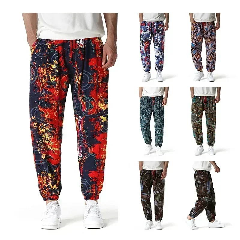 New Men's Cotton and Linen Multicolored Printed Small Foot Pants Bloomers