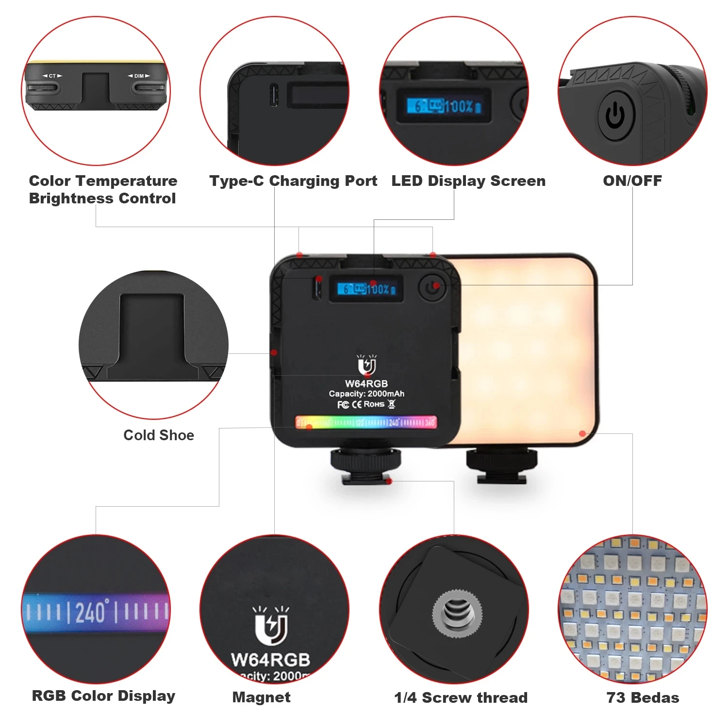 Ulanzi RGB LED 비디오 조명, 충전식 램프, 마그네틱 스튜디오 사진 조명, 2500K-9000K, 사진 촬영용 미니 필 라이트, VL49, 2000mAh