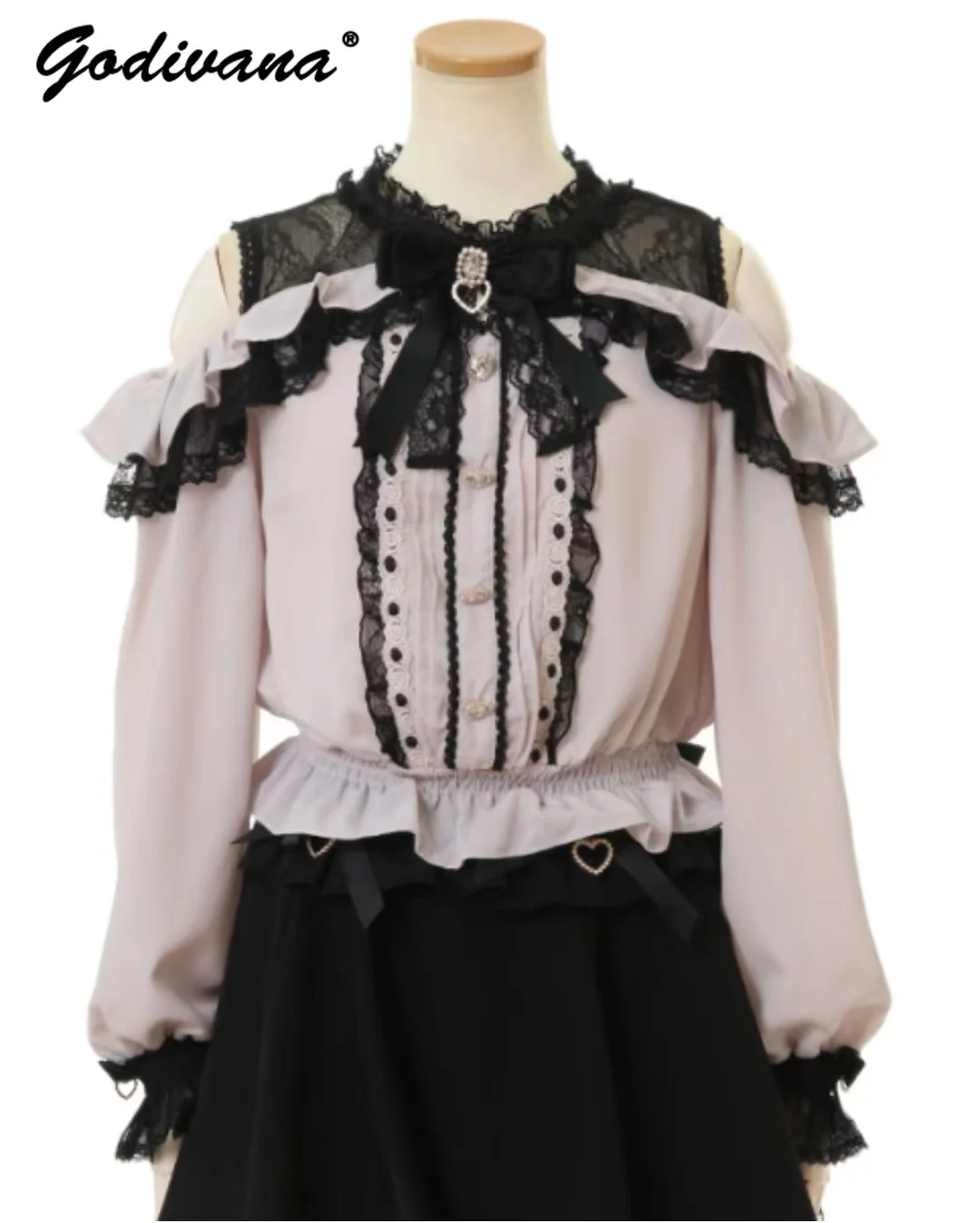 

Autumn 2023 Japanese Sweet Mine Lace Patchwork Hollow Out Shoulder Mass Production Shirt Lolita Long Sleeve Blouse Blusas