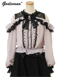 Blusa de manga larga de Lolita, camisa de producción en masa con hombros descubiertos, encaje de mina dulce japonés, otoño 2023