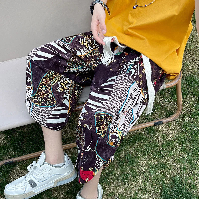 Summer Wild Leg Hawaii Linen Calf-Length Pants Personality Streetwear Chinese Style Casual Loose Beach Youth Trousers