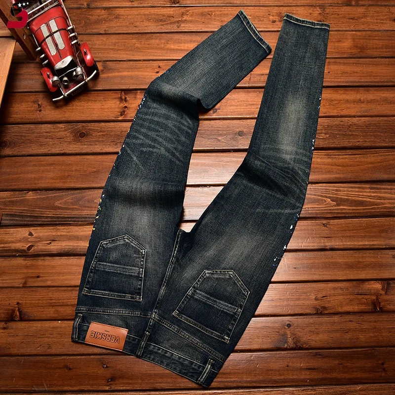 High-End Men's Slim Fit Stretch Ripped Paint Spray Print Casual Fashion Korean Style Blue Skinny Jeans