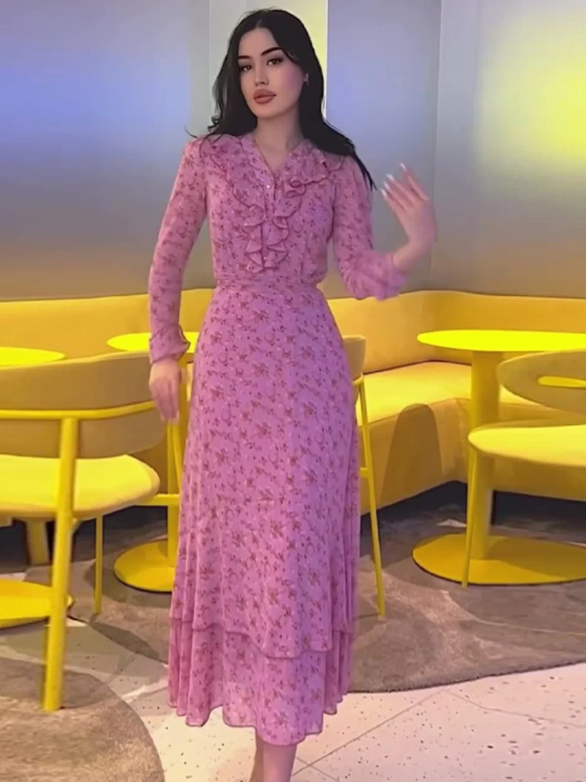 Ele col en dentelle imprimé taille Dr Faionable imprimé fleuri minceur jupe longue tissu Polyester régulier Sve rond Ne