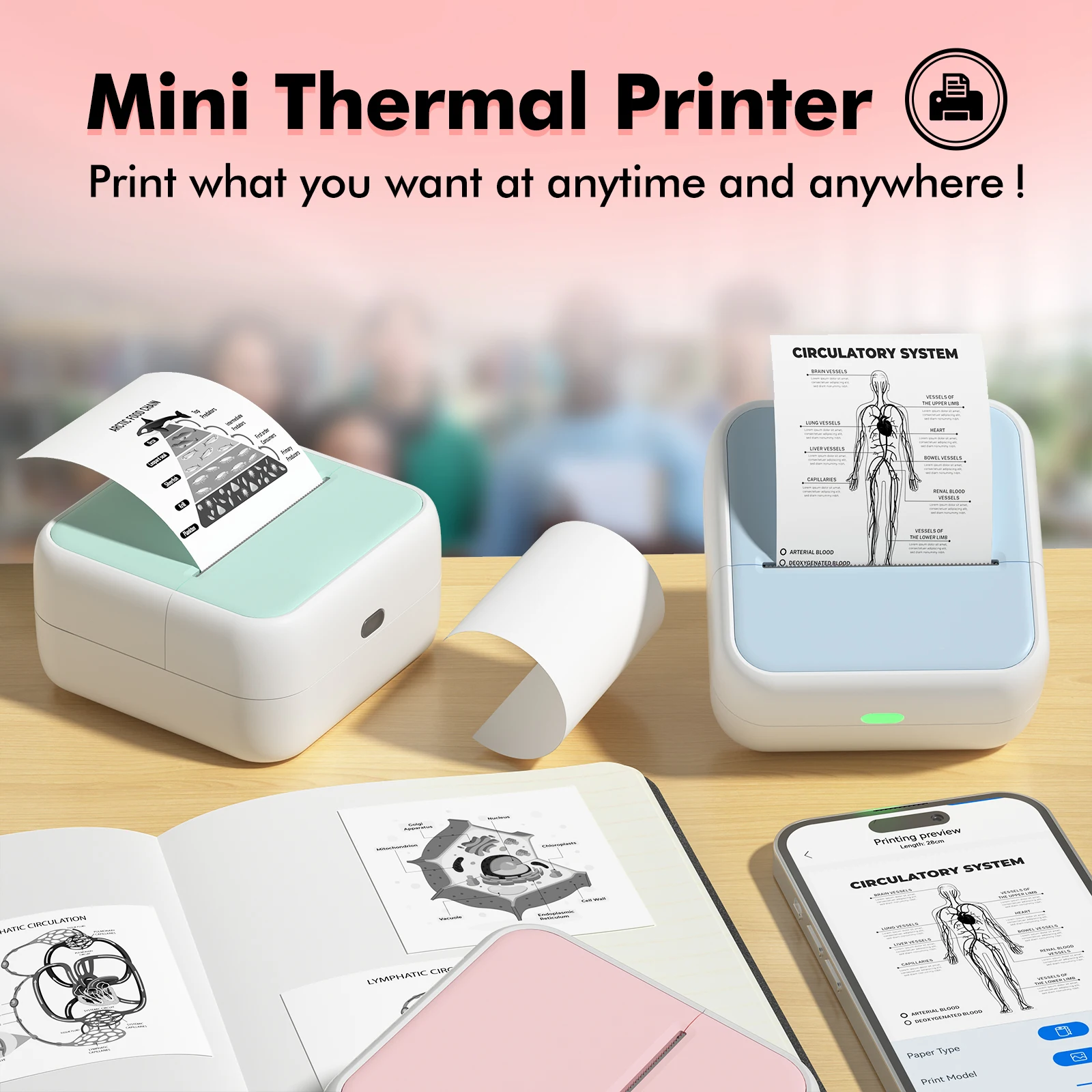 HZTZ S1 Portable Pocket Thermal Printer Inkless Mini Sticker Maker, 1200mAh Battery Compatible with iOS Android for DIY Label