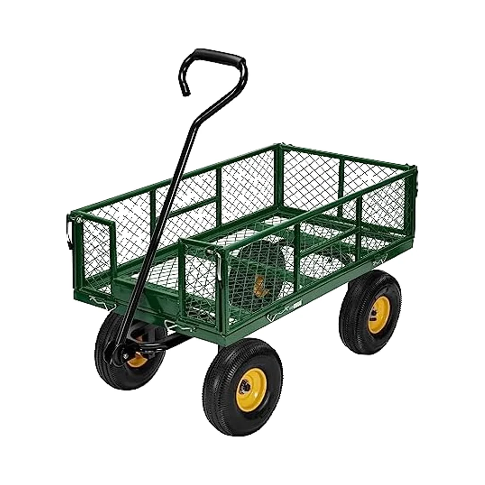 

Factory Supply Four-wheel Steel Mesh Garden Utility Wagon Yard Cart With Platform Cart 150kg Capacity For Shopping And Storage