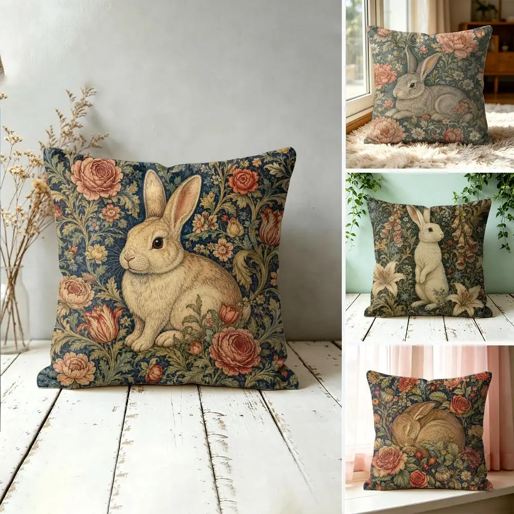 William Morris Rabbit Bunny Pillow Case Double-Sided Plush Sofa Cushion Covers Organic Breathable Invisible Zipper