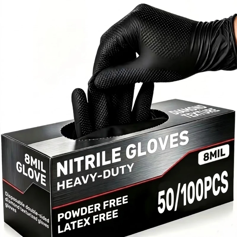 50/100PCS Heavy Duty Diamond Nitrile Safety Gloves Disposable 8Mil Thick Textured Work Gloves for Men Construction Mechanic Auto